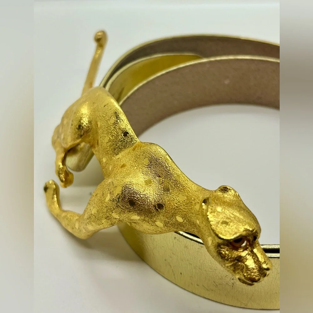 Christopher Ross Gold Cheetah Vintage Belt Buckle & Metallic Gold Leather Belt